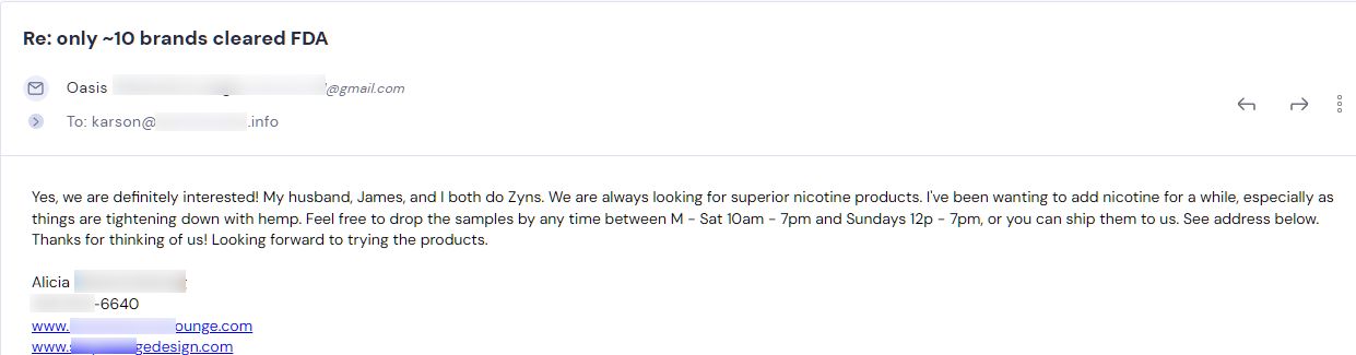 Retailer reply from Sesh Products